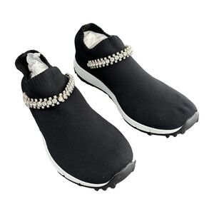 Jimmy Choo Verona Crystal Embellished Trainer Fabric Black Knit Slip On Sneakers